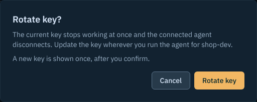 The Rotate key confirmation explaining that the old key stops working at once and a new key is shown once