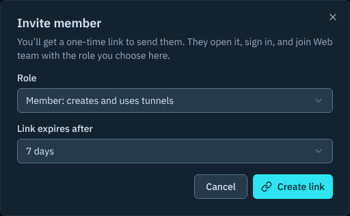 The Invite member dialog with the role and link expiry choices, before a link is created