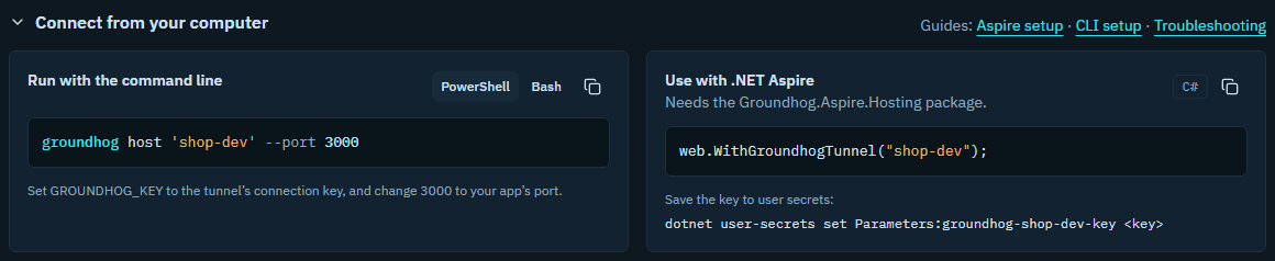 The Connect from your computer panel with the command-line and Aspire setup for the tunnel
