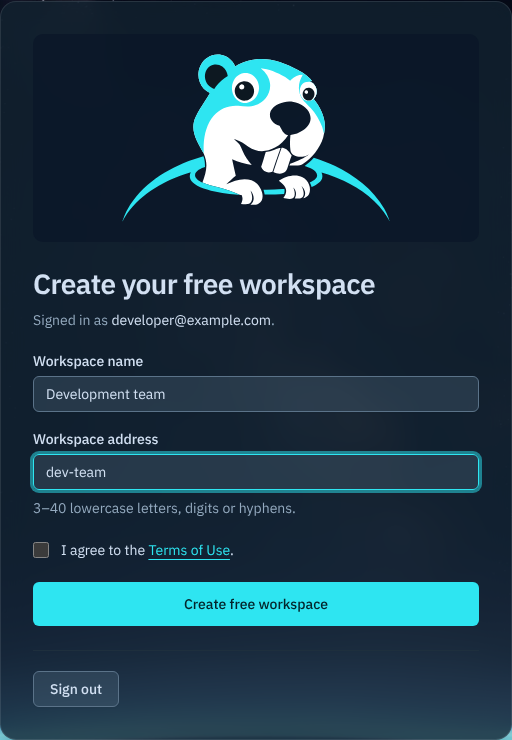 The Create your free workspace form with Development team as the name and dev-team as the workspace address